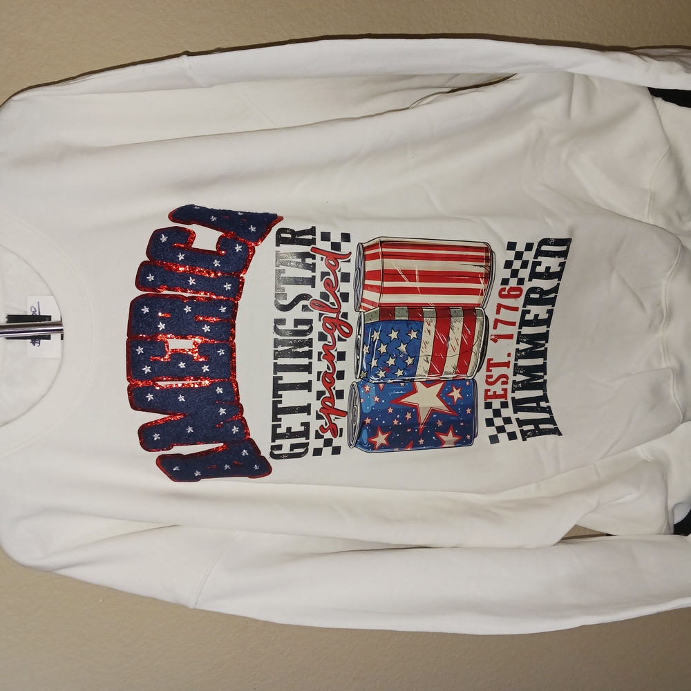 White Graphic Sweatshirt with American Flag Design